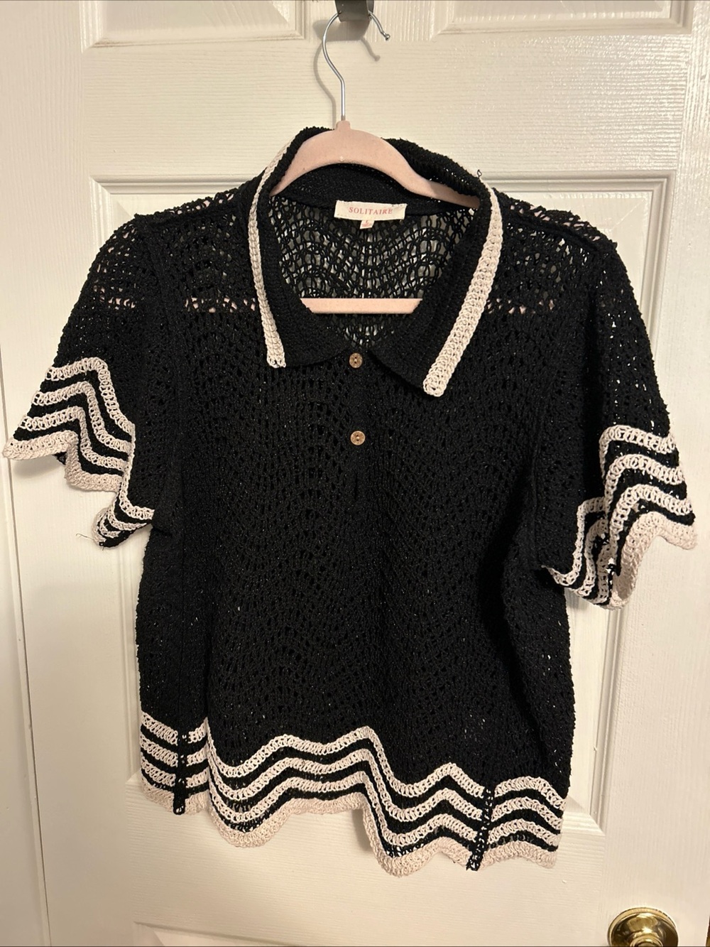 Solitaire Black Crocheted Polo Top with Cream Trim Size Large
